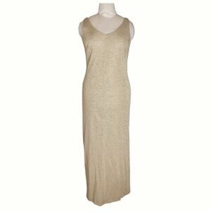 LAUNDRY Metallic Maxi Dress Size 6 Gold Lame Stretch Knit Sexy Bodycon Side Slit